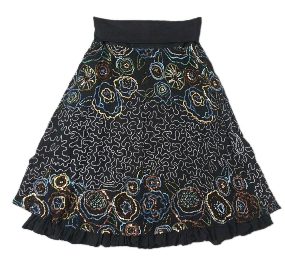 Basil & Maude Beaded Sequin Embroidered Fold Over Boho A Line Midi Skirt Sz 12